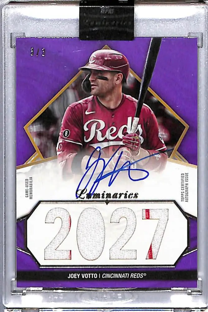 Purple-bordered Cincinnati Reds baseball card featuring Joey Votto autograph and 2027 numbering