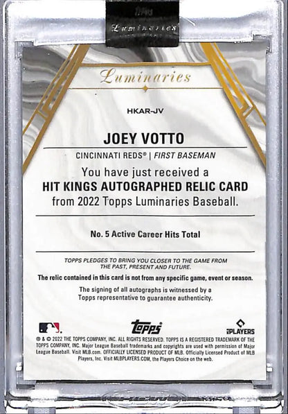 Joey Votto autographed relic card back details from 2022 Topps Luminaries Cincinnati Reds