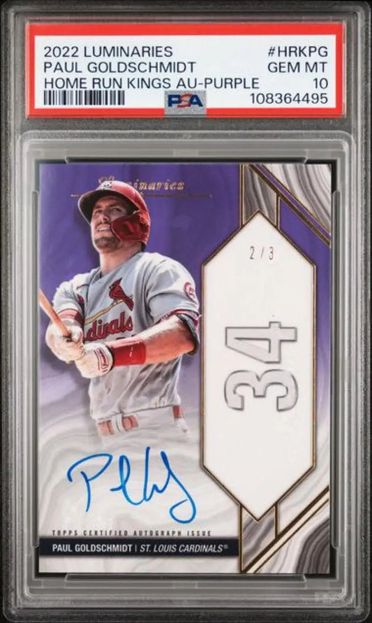 Graded Paul Goldschmidt Baseball Card, 2022 Topps Luminaries Purple GEM MINT Auto 2/3