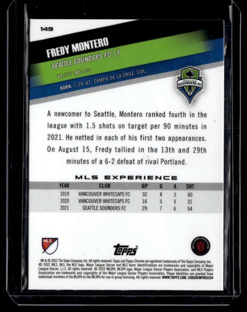 Fredy Montero Seattle Sounders FC Soccer Card showcasing MLS experience statistics