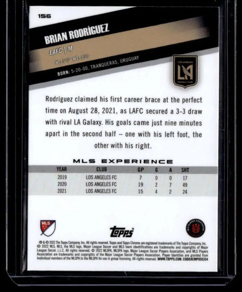 Trading card featuring Brian Rodriguez’s career stats from Topps MLS Chrome