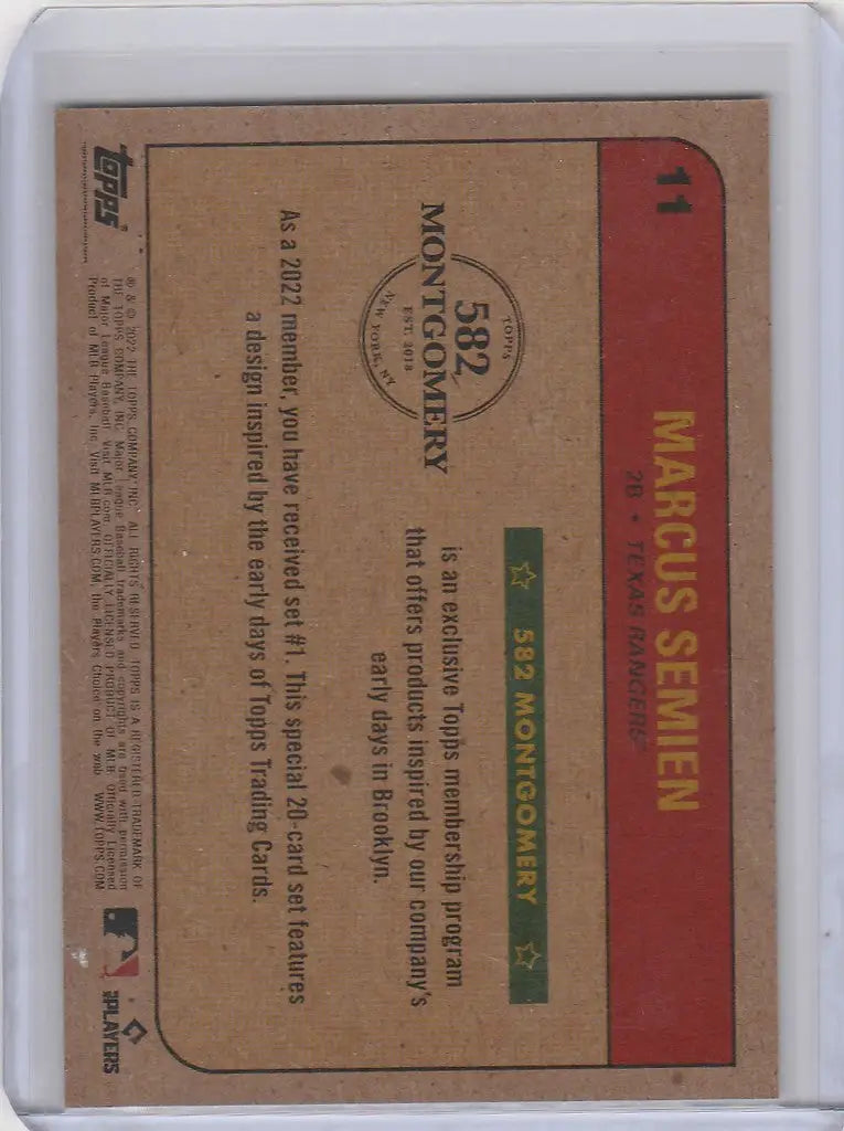 Vintage Topps Montgomery baseball card featuring Marcus Semien Texas Rangers statistics