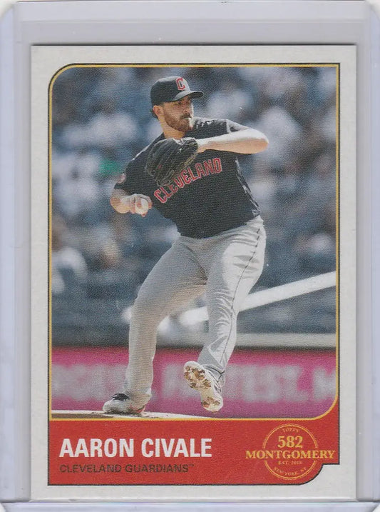 Baseball card of Aaron Civale throwing for the Cleveland Guardians in Topps Montgomery set