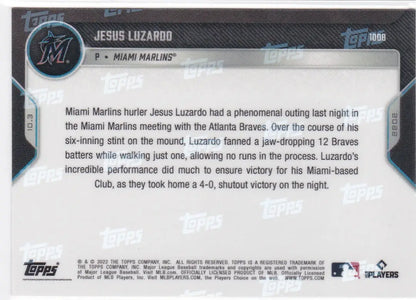 Baseball card back featuring Jesus Luzardo Miami Marlins 2022 TOPPS NOW #1008