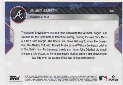 Baseball card back featuring Atlanta Braves from 2022 TOPPS NOW #1018