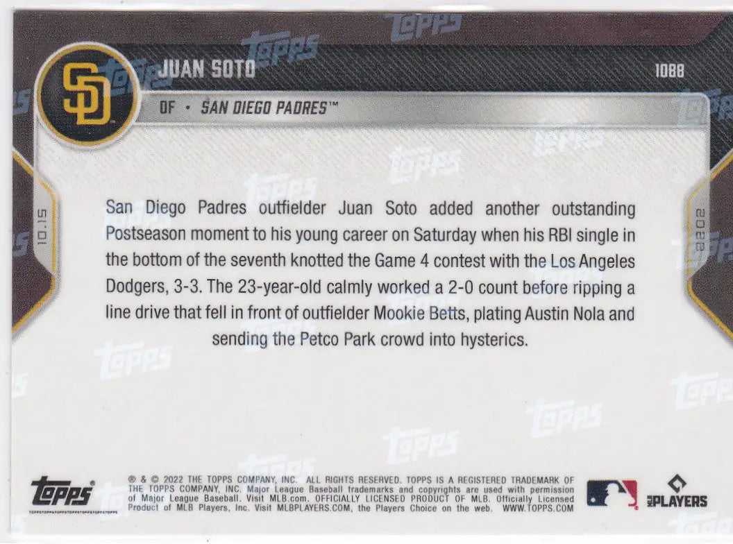Juan Soto baseball card back from 2022 TOPPS NOW SAN DIEGO PADRES collection