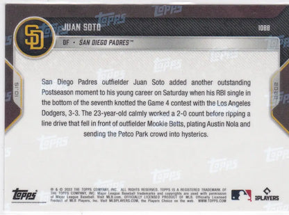 Juan Soto baseball card back from 2022 TOPPS NOW SAN DIEGO PADRES collection