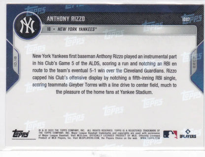 Anthony Rizzo baseball card back featuring New York Yankees details in 2022 TOPPS NOW #1097
