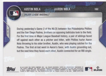 Baseball card back featuring Austin Nola and Aaron Nola from 2022 TOPPS NOW