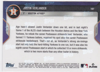 Baseball card back featuring Justin Verlander Houston Astros 2022 TOPPS NOW #1107