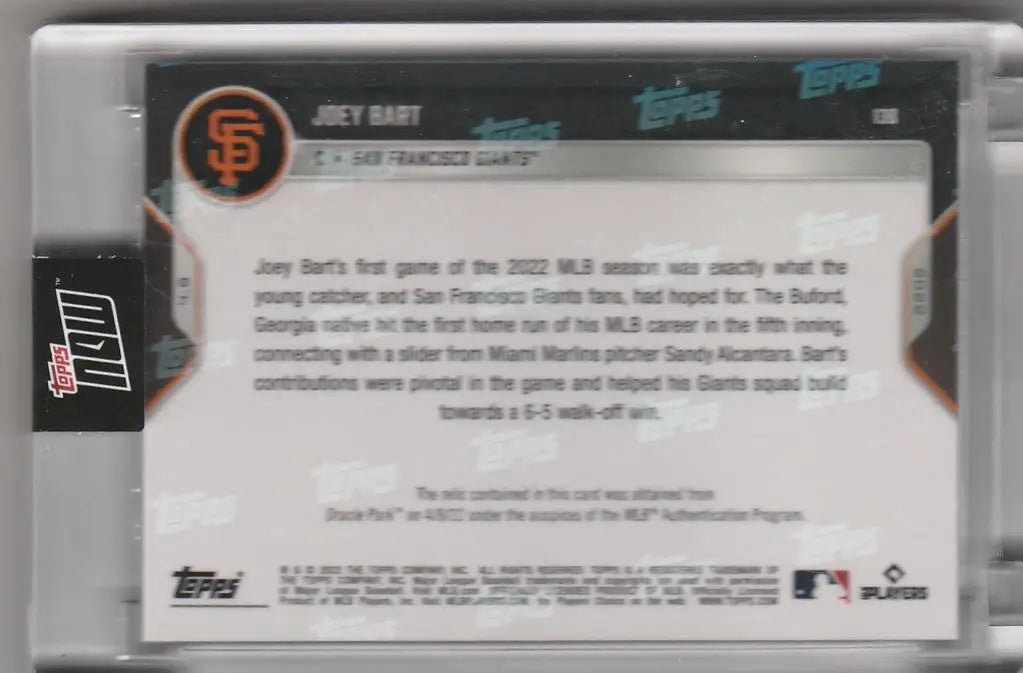 2022 Topps Now 13B Joey Bart San Francisco Giants Base Relic card in protective sleeve
