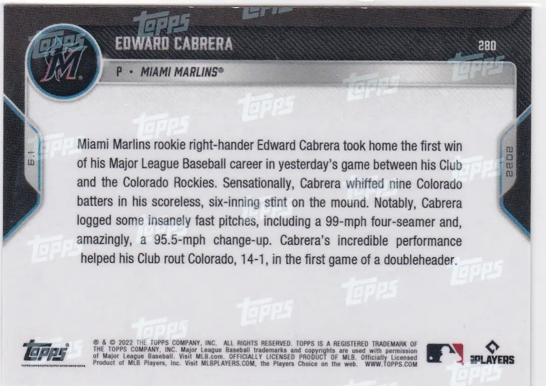 Baseball card back featuring Edward Cabrera Miami Marlins 2022 TOPPS NOW #280