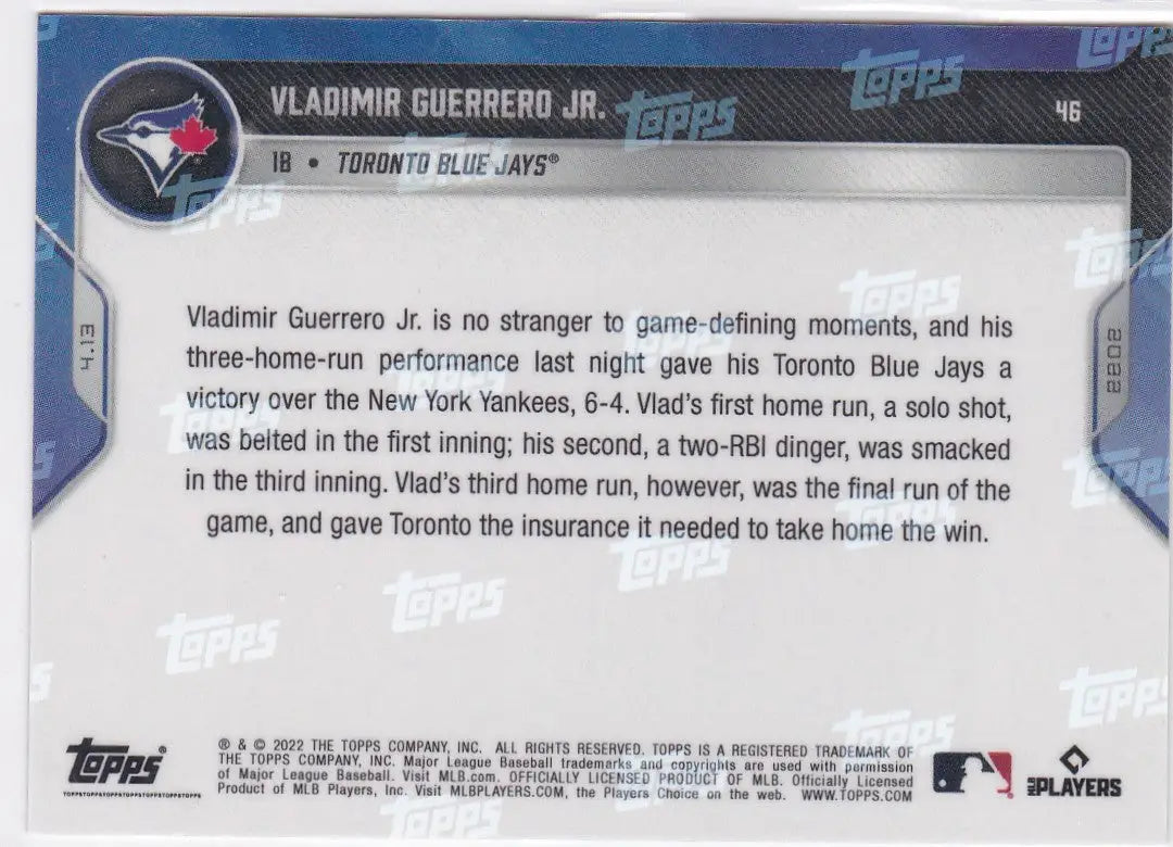 Baseball card back featuring Vladimir Guerrero Jr. from Toronto Blue Jays 2022 TOPPS NOW