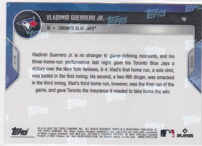 Baseball card back featuring Vladimir Guerrero Jr. from Toronto Blue Jays 2022 TOPPS NOW