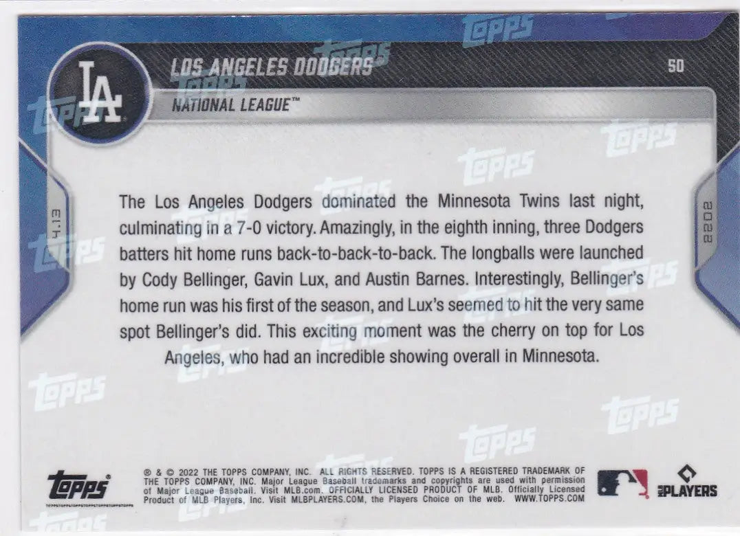 Back of 2022 TOPPS NOW #50 Los Angeles Dodgers baseball card showcasing team details