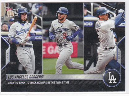 Baseball card featuring three Los Angeles Dodgers players from 2022 TOPPS NOW series