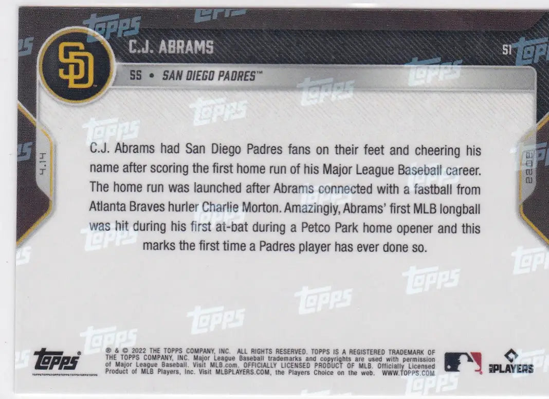 Baseball card back for 2022 TOPPS NOW C.J. Abrams San Diego Padres collectible