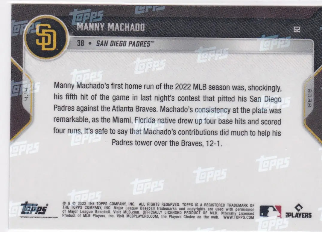 San Diego Padres Manny Machado baseball card from 2022 TOPPS NOW series