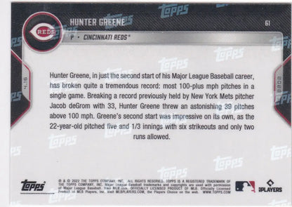 Baseball card back featuring Hunter Greene Cincinnati Reds player info 2022 TOPPS NOW