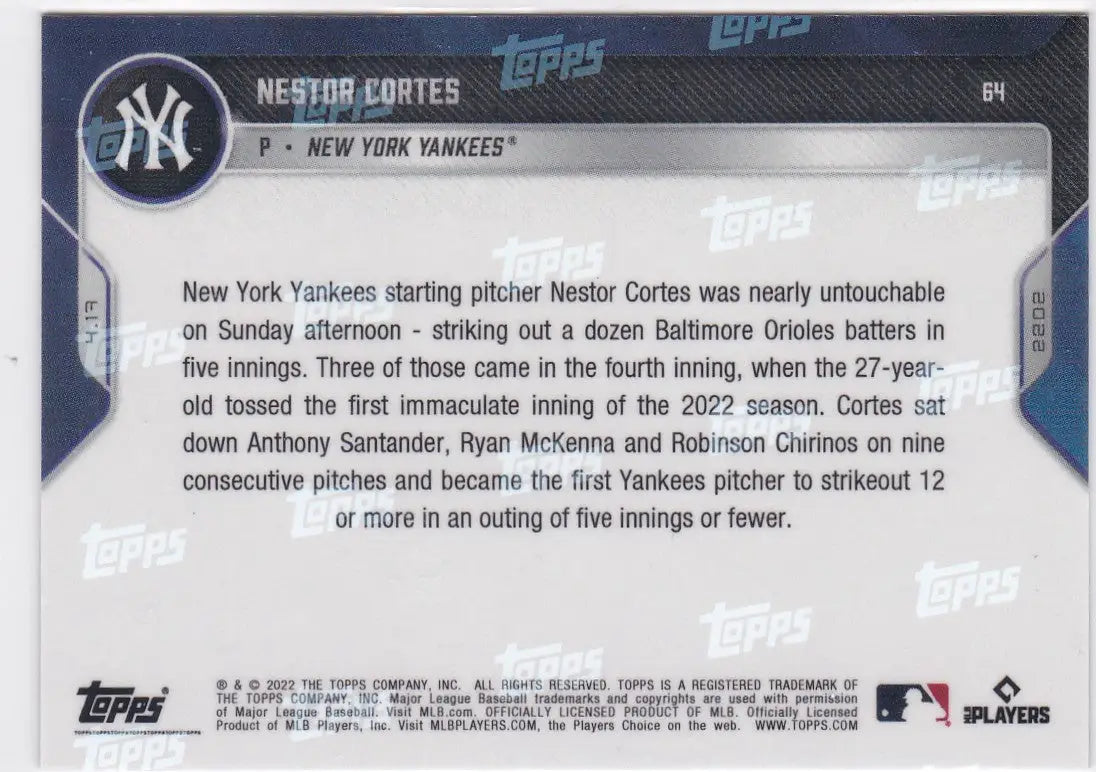 Nestor Cortes baseball card 2022 TOPPS NOW NY Yankees player collectible