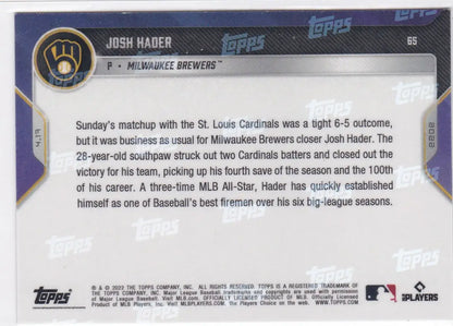 Josh Hader baseball card back from 2022 TOPPS NOW Milwaukee Brewers collection