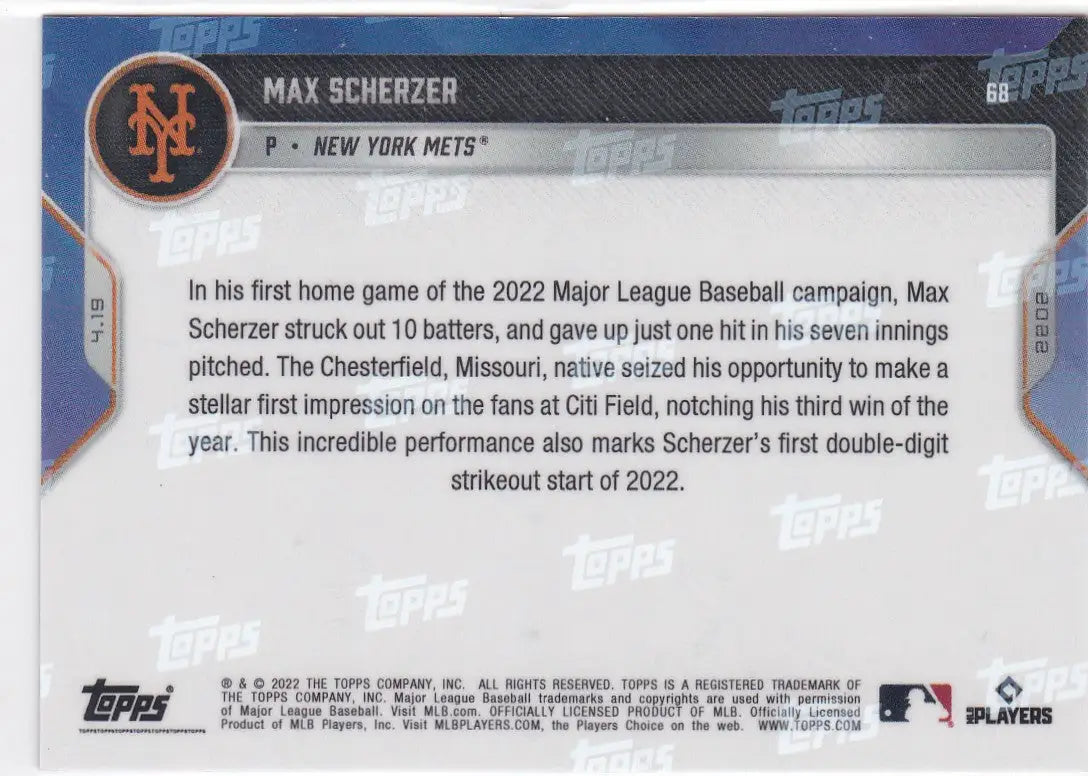 2022 TOPPS NOW Max Scherzer baseball card featuring New York Mets player Max Scherzer