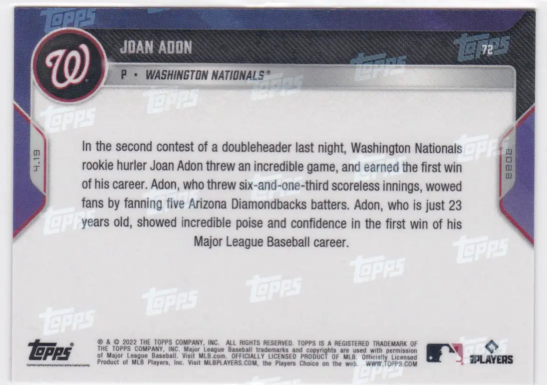 Baseball card back featuring Washington Nationals player Joan Adon Washington Nationals