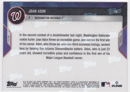 Baseball card back featuring Washington Nationals player Joan Adon Washington Nationals