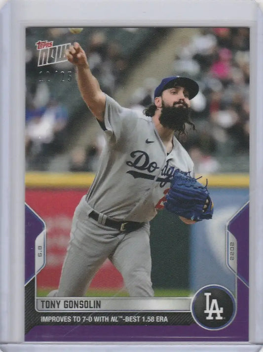Baseball card of Tony Gonsolin in Los Angeles Dodgers uniform mid-throw