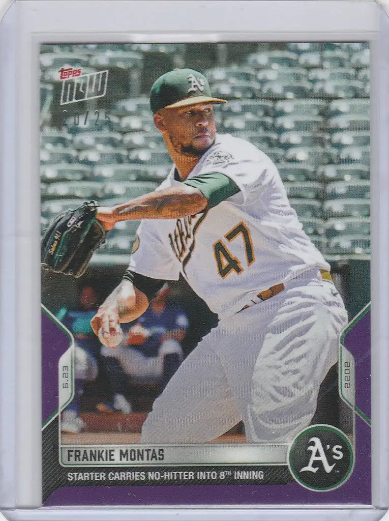 Baseball card of Frankie Montas, Oakland Athletics pitcher mid-throw