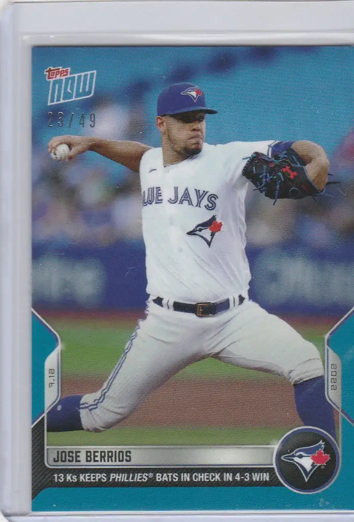 Baseball card of Jose Berrios, Toronto Blue Jays pitcher, mid-throw action