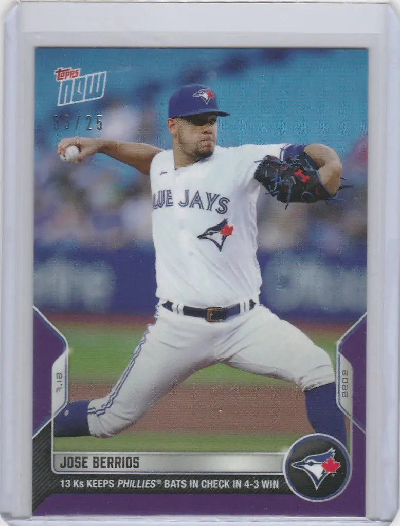 Baseball card featuring Jose Berrios Toronto Blue Jays pitcher in mid-throw action