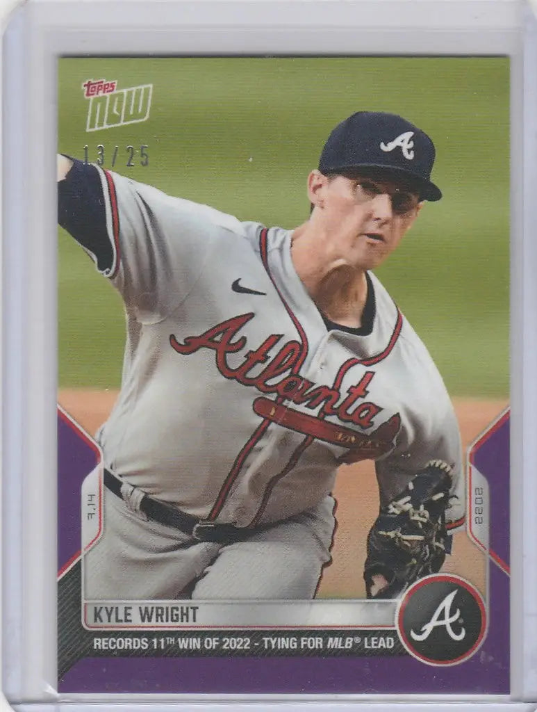Baseball card of Kyle Wright mid-throw for Atlanta Braves 2022 TOPPS NOW PARALLEL
