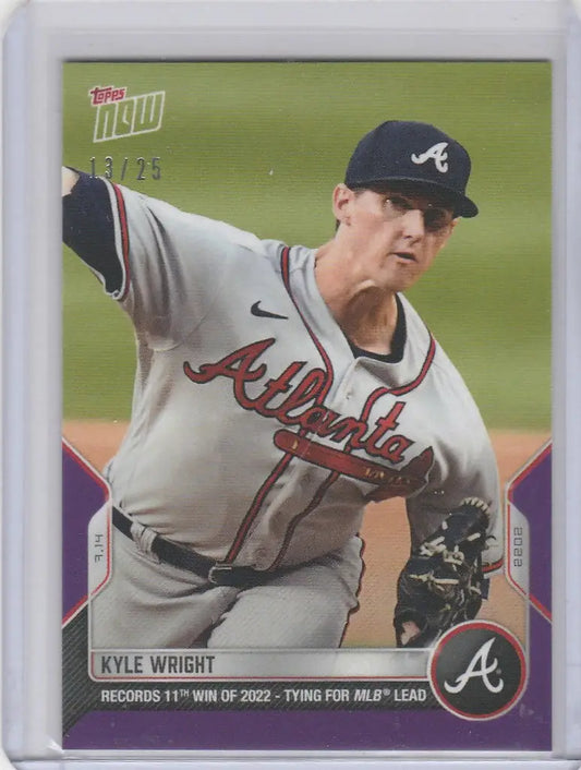Baseball card of Kyle Wright mid-throw for Atlanta Braves 2022 TOPPS NOW PARALLEL