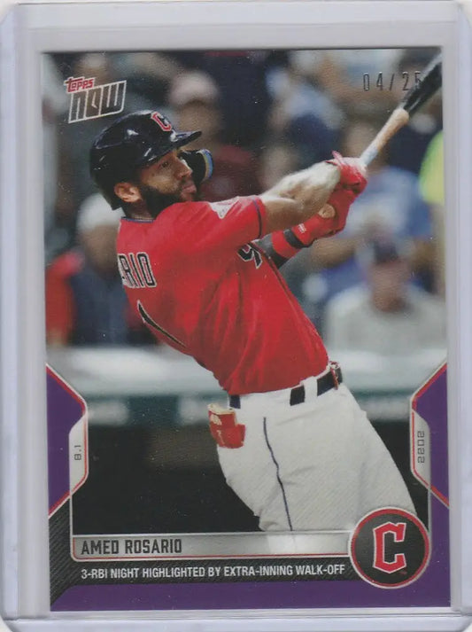 Amed Rosario Cleveland Guardians baseball card in red jersey swinging bat