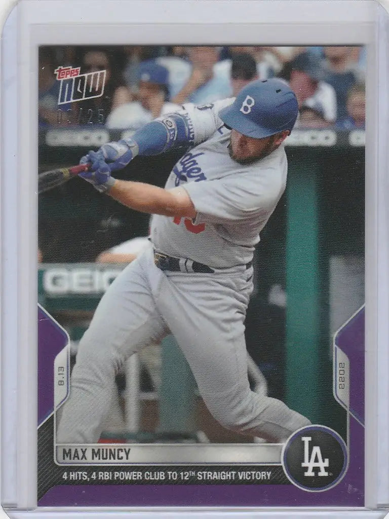 Baseball card of Max Muncey Los Angeles Dodgers mid-swing from 2022 Topps Now Parallel