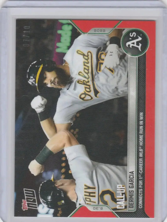 Baseball trading card of Dermis Garcia sliding into base for Oakland Athletics
