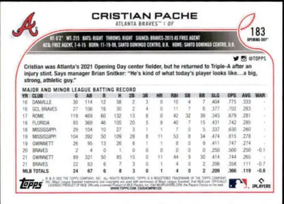 2022 Topps Opening Day #183 Cristian Pache NM-MT Braves original gloss baseball card