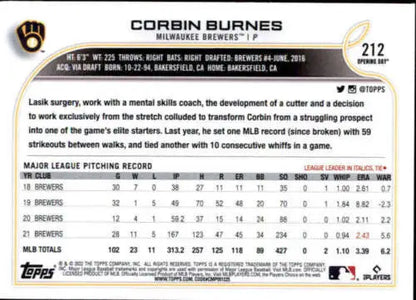 2022 Topps Opening Day #212 Corbin Burnes baseball card with original gloss for collectors