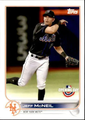 Baseball card of Mets pitcher Jeff McNeil in black uniform mid-throw with original gloss