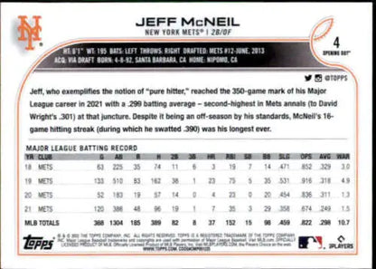 Baseball card displaying Jeff McNeil’s statistics with New York Mets from 2022 Topps Opening Day