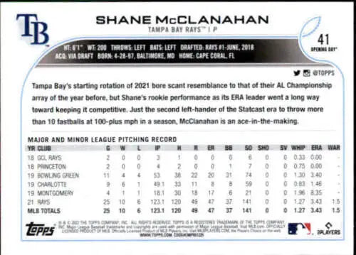 Baseball card back of 2022 Topps Opening Day #41 Shane McClanahan NM-MT Rays original gloss