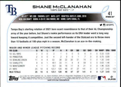 Baseball card back of 2022 Topps Opening Day #41 Shane McClanahan NM-MT Rays original gloss