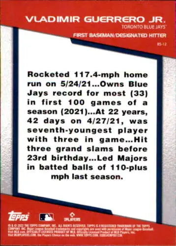 Baseball card of Vladimir Guerrero Jr. 2022 Topps Opening Day showing stats and achievements