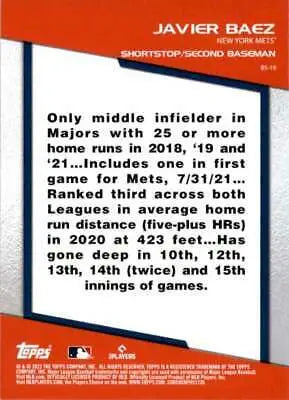Baseball card featuring Javier Baez stats from 2022 Topps Opening Day Bomb Squad NM-MT Mets