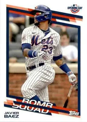 Baseball card of New York Mets’ Javier Baez in pinstripe uniform at bat, original gloss