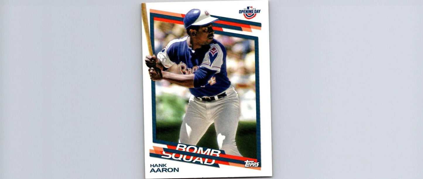 Hank Aaron baseball card from 2022 Topps Opening Day Hank Aaron Bomb Squad series