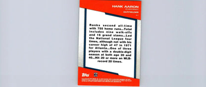 Back of 2022 Topps Opening Day Hank Aaron Bomb Squad baseball card featuring Hank Aaron stats