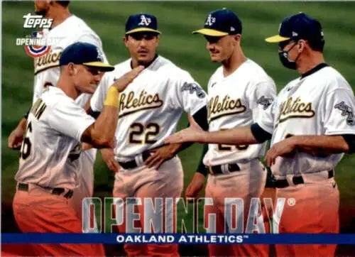Oakland Athletics players celebrate on Opening Day in 2022 Topps Opening Day card