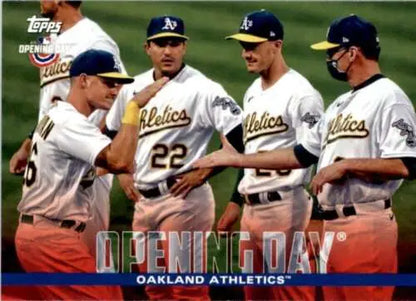 Oakland Athletics players celebrate on Opening Day in 2022 Topps Opening Day card